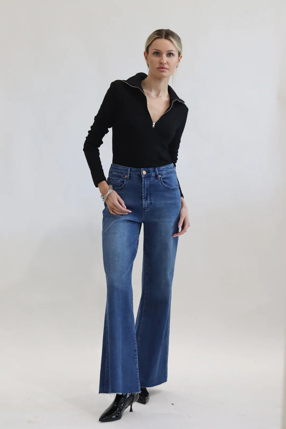 Loren Zip Ribbed Cotton Long Sleeve Top