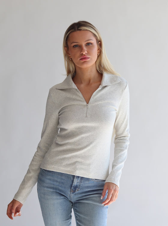 Loren Zip Ribbed Cotton Long Sleeve Top